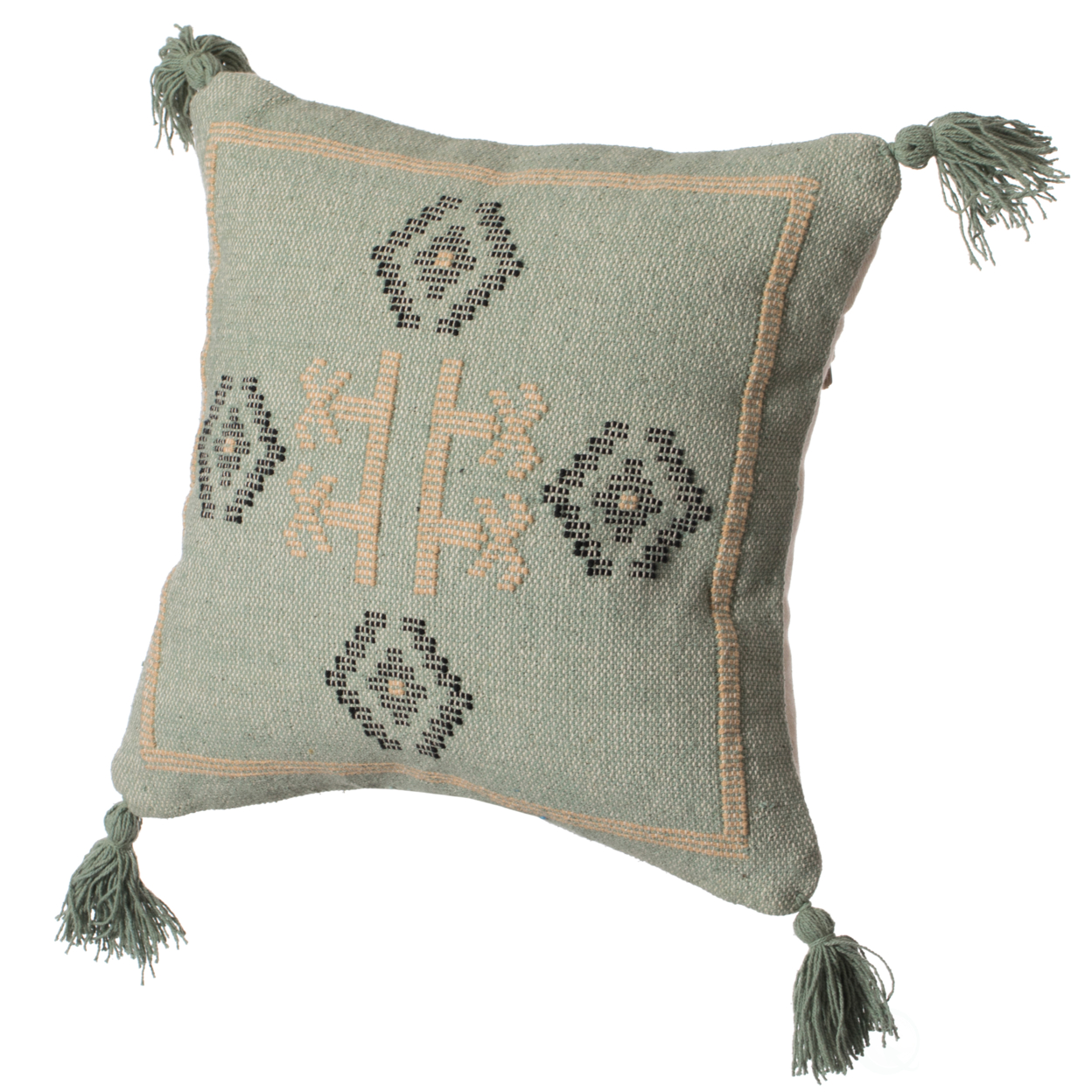 16 Handwoven Cotton Throw Pillow Cover With Tribal Aztec Design And Tassel Corners - Green With Cushion