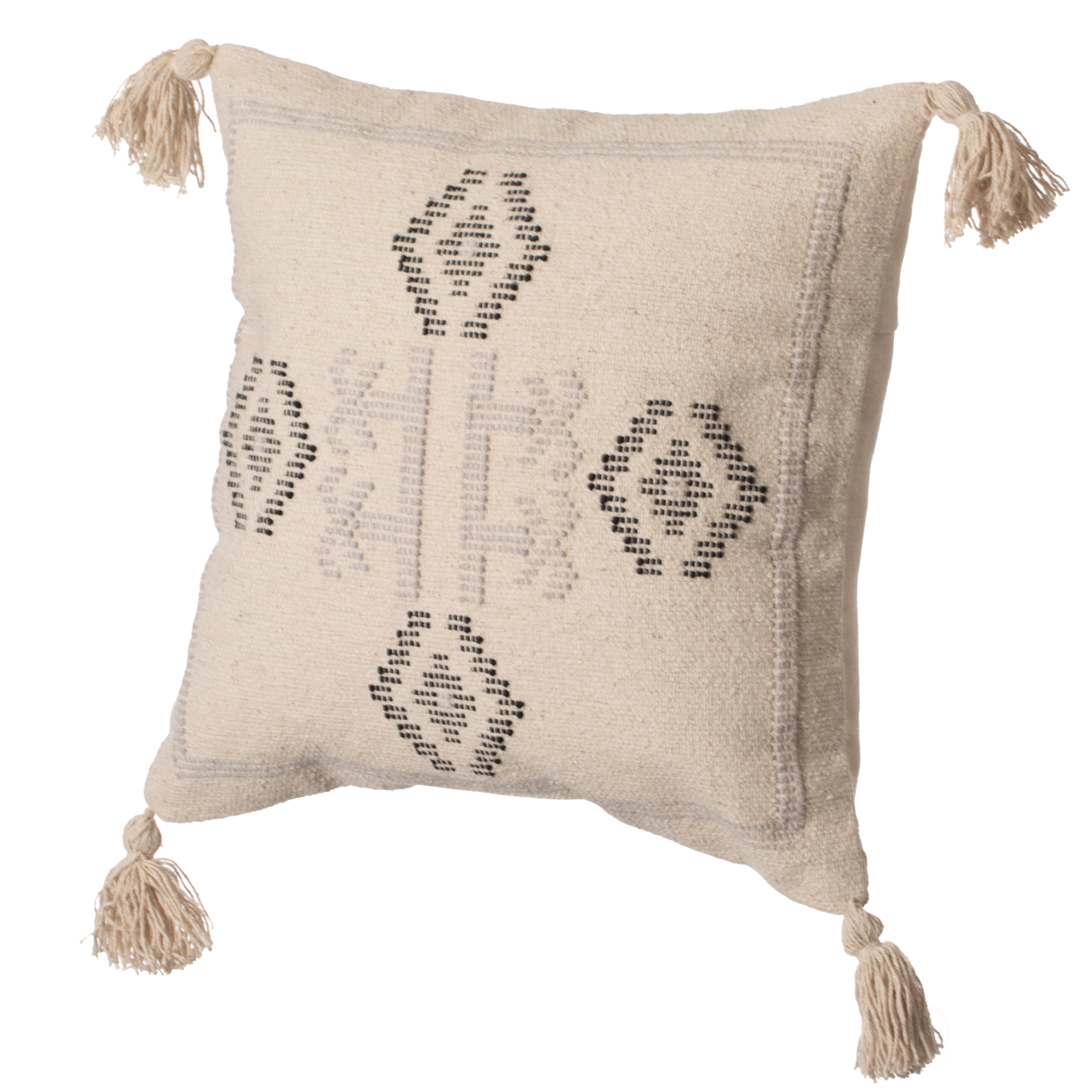 16 Handwoven Cotton Throw Pillow Cover With Tribal Aztec Design And Tassel Corners - Natural