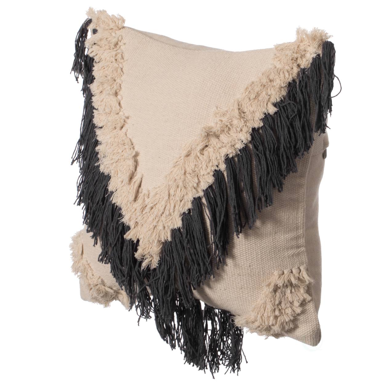 16" Handwoven Cotton Throw Pillow Cover with Embossed and Fringed Crossed line - charcoal with cushion