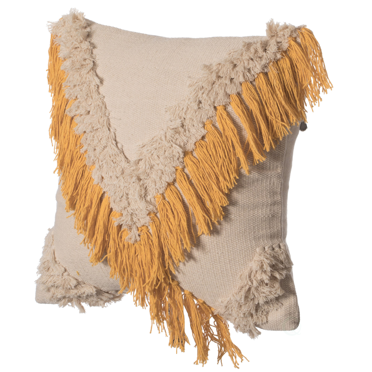 16" Handwoven Cotton Throw Pillow Cover with Embossed and Fringed Crossed line - yellow with cushion