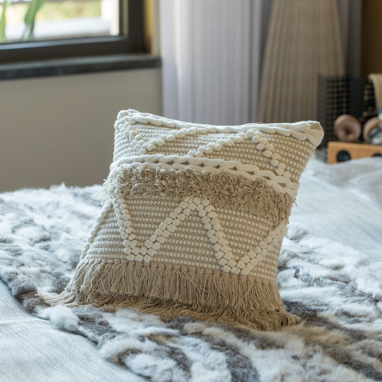 16 Handwoven Cotton Throw Pillow Cover With White Dot Pattern And Natural Tassel Fringe Lines - Pillowcase With Cushion