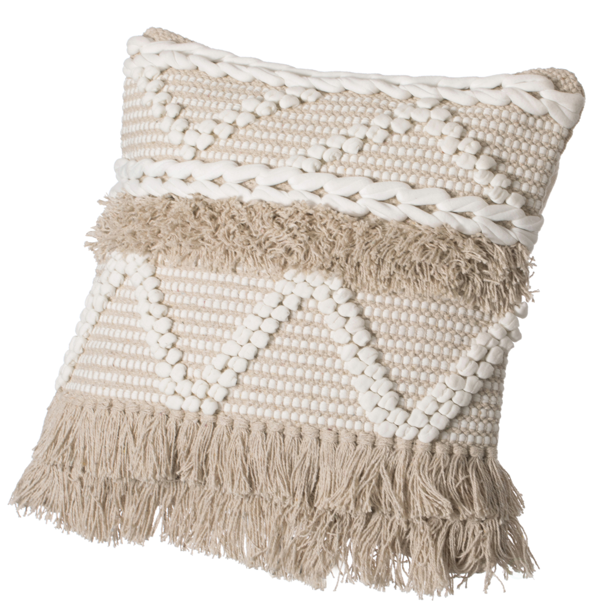 16 Handwoven Cotton Throw Pillow Cover With White Dot Pattern And Natural Tassel Fringe Lines - Pillowcase Only