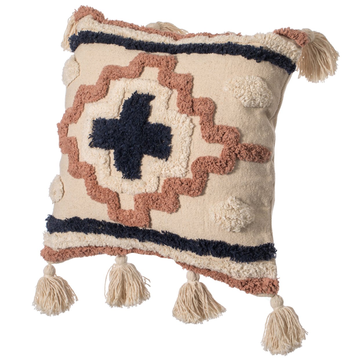 16 Handwoven Cotton Throw Pillow Cover With Tufted Designs And Side Tassels - Geometric