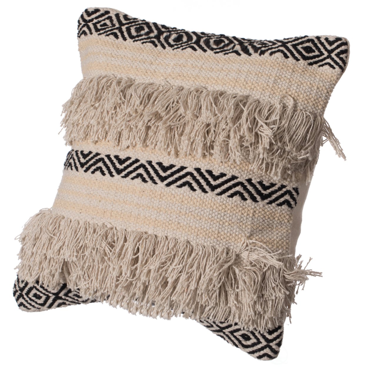 16" Handwoven Cotton Throw Pillow Cover with Boho Design and Fringed Lines - pillowcase with cushion