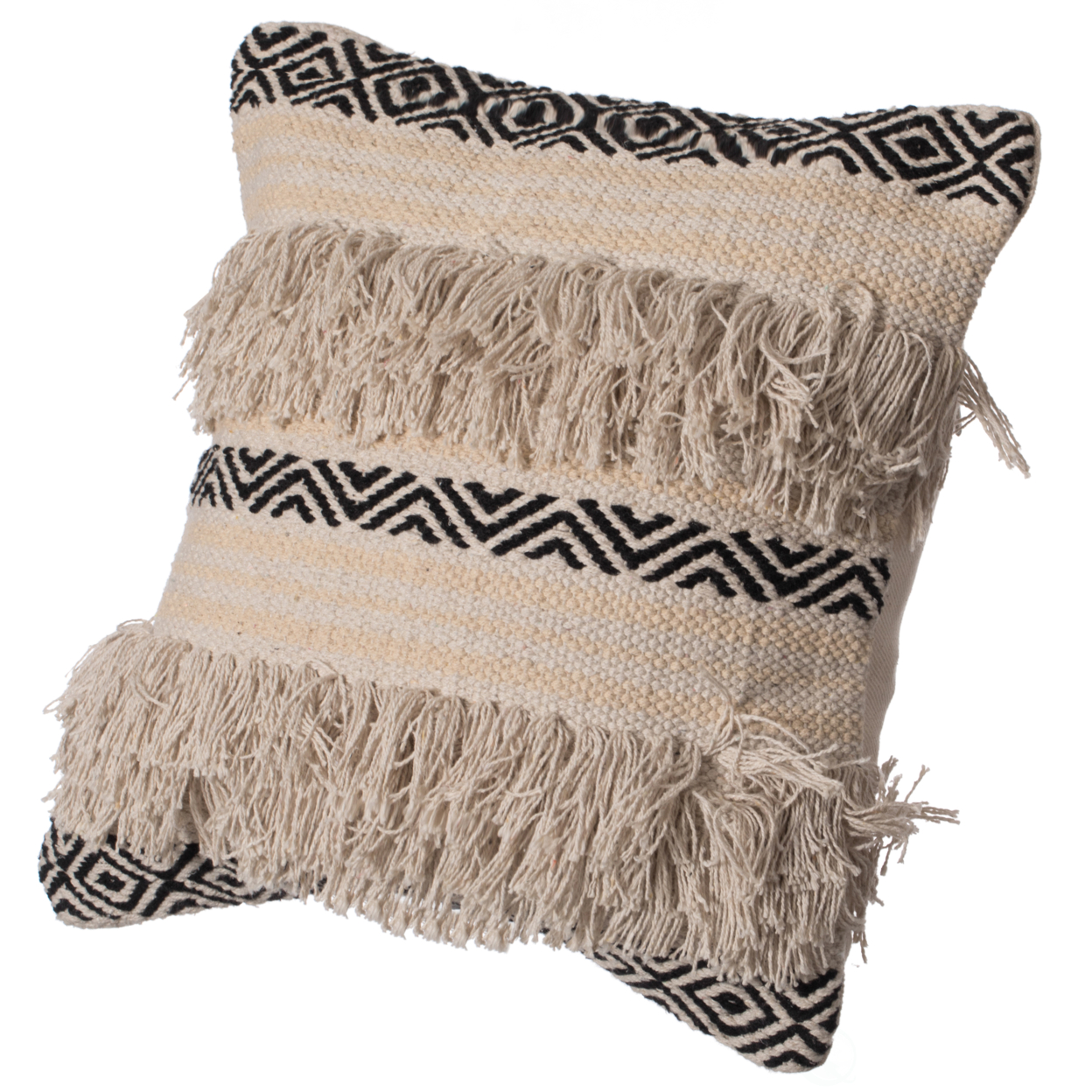16 Handwoven Cotton Throw Pillow Cover With Boho Design And Fringed Lines - Pillowcase With Cushion