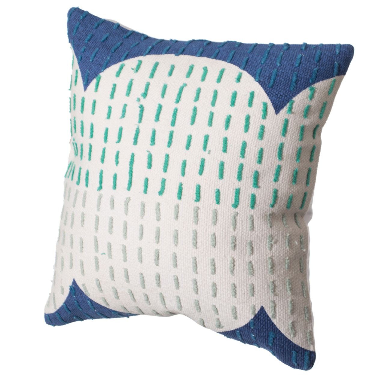 16 Handwoven Cotton Throw Pillow Cover With Ribbed Line Dots And Wave Border - Green