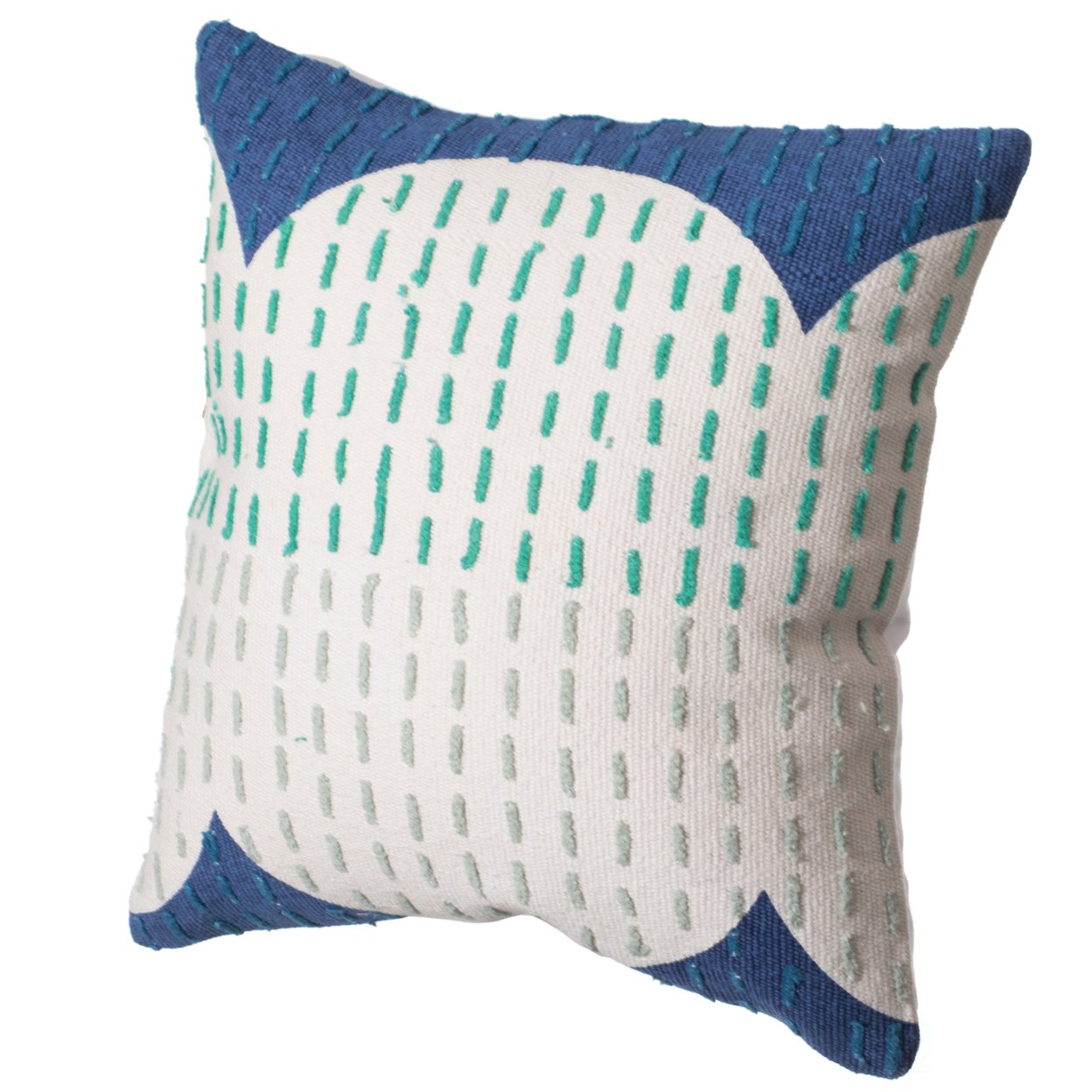 16" Handwoven Cotton Throw Pillow Cover with Ribbed Line Dots and Wave Border - blue with cushion