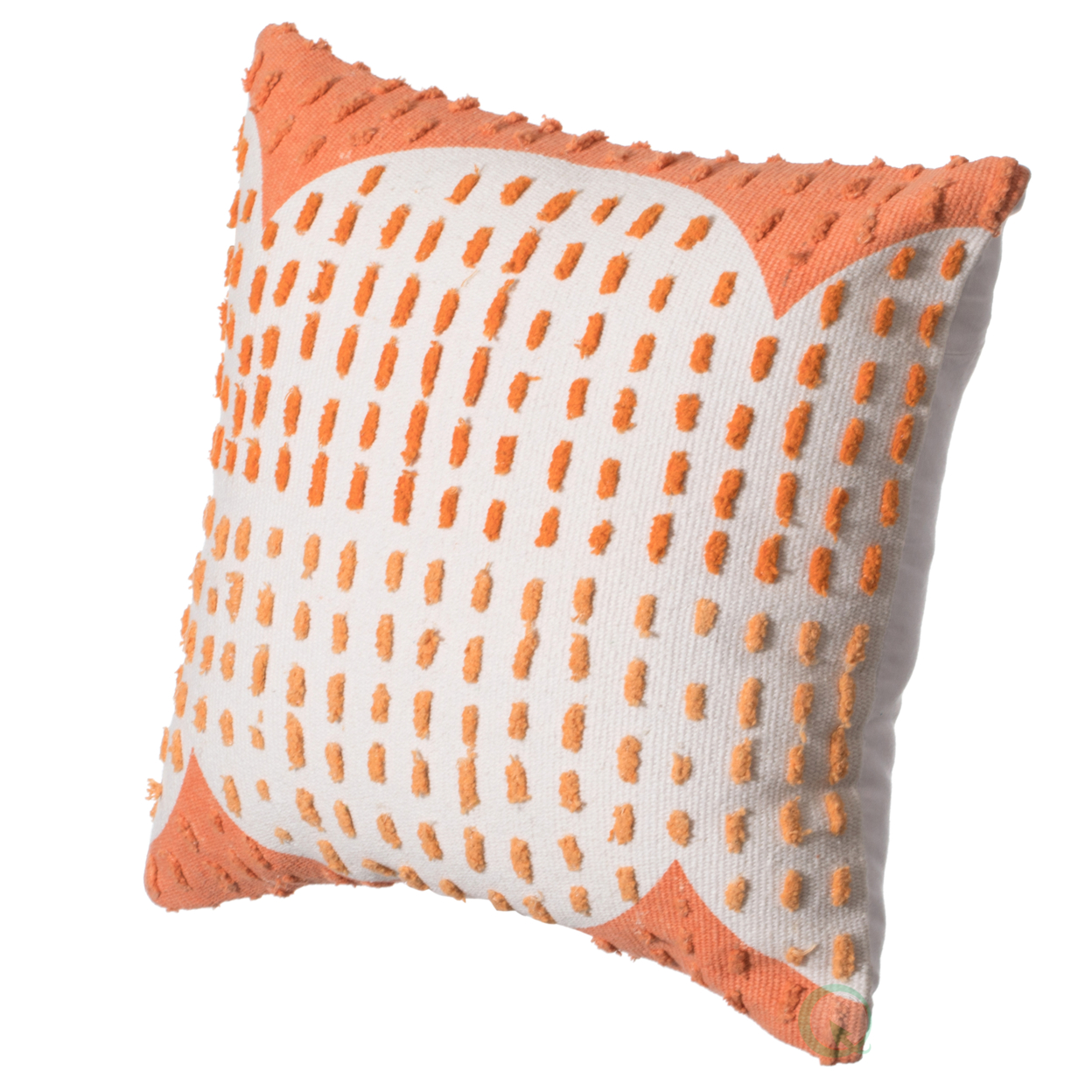 16 Handwoven Cotton Throw Pillow Cover With Ribbed Line Dots And Wave Border - Coral