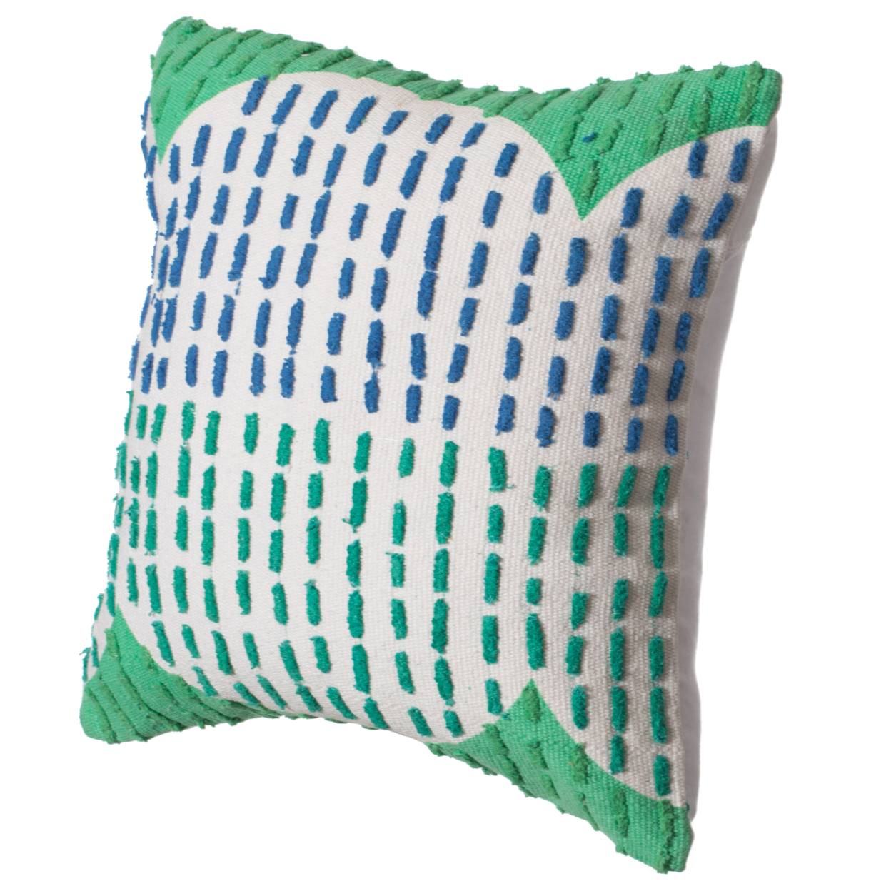 16 Handwoven Cotton Throw Pillow Cover With Ribbed Line Dots And Wave Border - Green