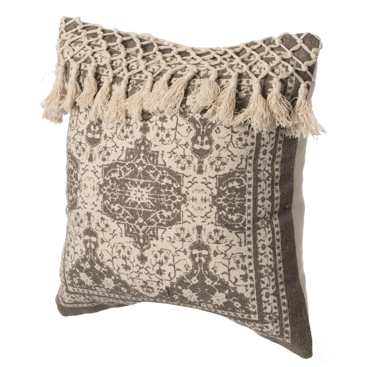 16 Handwoven Cotton Throw Pillow Cover With Traditional Pattern And Tasseled Top - Beige
