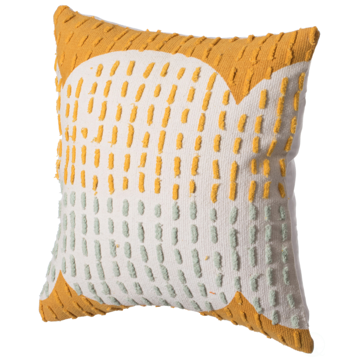16" Handwoven Cotton Throw Pillow Cover with Ribbed Line Dots and Wave Border - mustard - yellow
