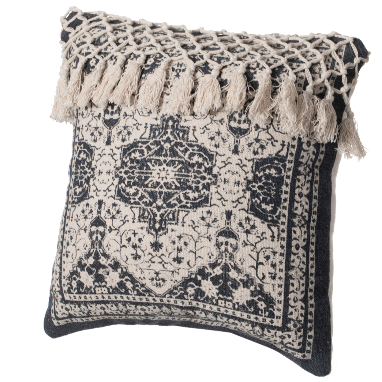 16 Handwoven Cotton Throw Pillow Cover With Traditional Pattern And Tasseled Top - Navy With Cushion