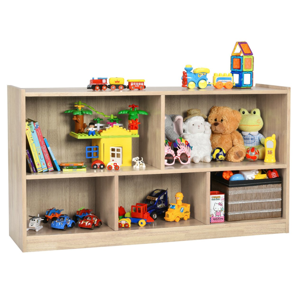 Kids 5-Cube Storage Cabinet 2-Shelf Wood Bookcase Organizer Natural