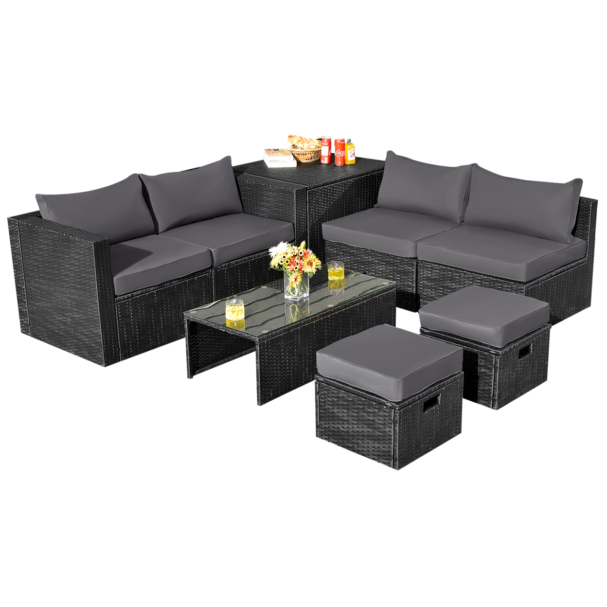 8PCS Rattan Patio Sectional Furniture Set W/ Waterproof Cover & Grey Cushions