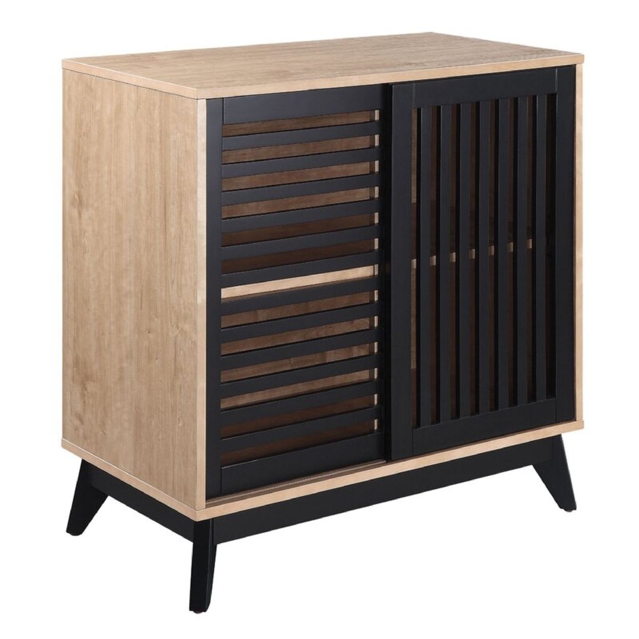 Nael 30 Inch Wood Accent Cabinet With Slatted Sliding Doors, Oak, Black- Saltoro Sherpi