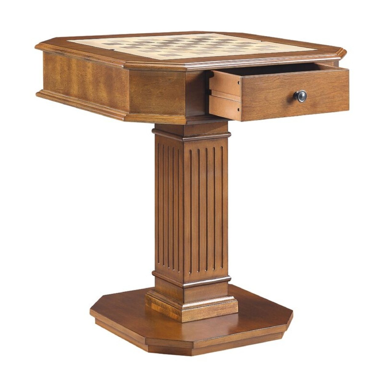 Susy 28 Inch Wood Reversible Board Game Table With Pedestal Stand, Walnut- Saltoro Sherpi