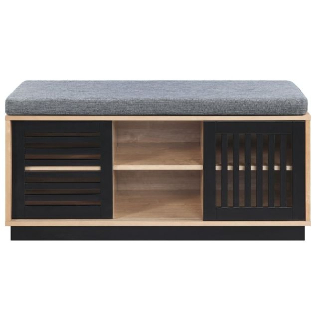 Nael 39 Inch Wood Bench With Cushioned Seat, 2 Slatted Cabinets, Oak, Black- Saltoro Sherpi