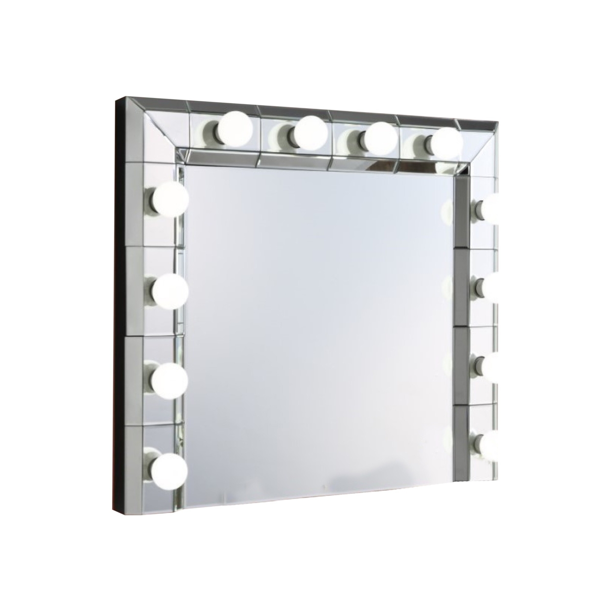32 Inch Square Lighted Wall Mirror, 12 Bulb Sockets, Mirrored Frame, Silver- Saltoro Sherpi