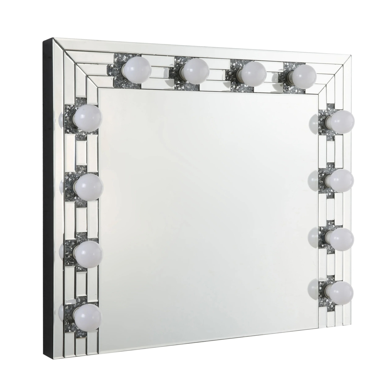 Zaff 32 Inch Modern Glam Lighted Mirror, 12 Sockets, Faux Diamonds, Silver- Saltoro Sherpi