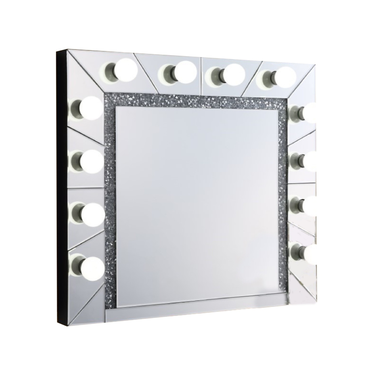 Zaff 32 Inch Lighted Wall Mirror, 12 Bulb Sockets, Faux Diamond Trim,Silver- Saltoro Sherpi