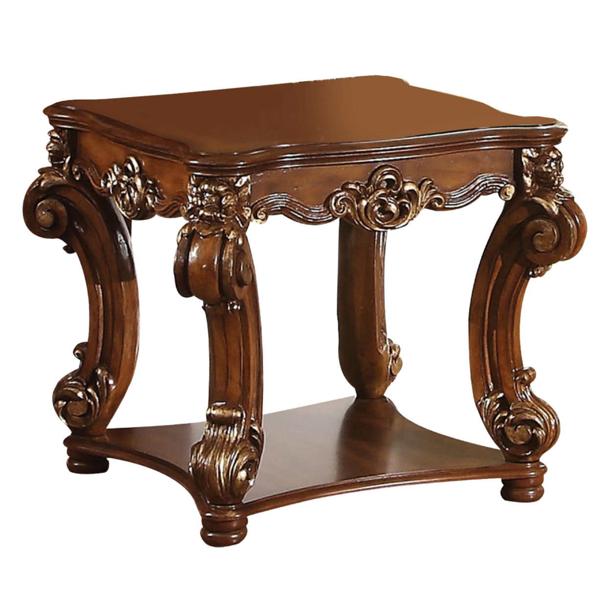Square Top End Table With Scrolled Leg And Bottom Shelf, Cherry Brown- Saltoro Sherpi