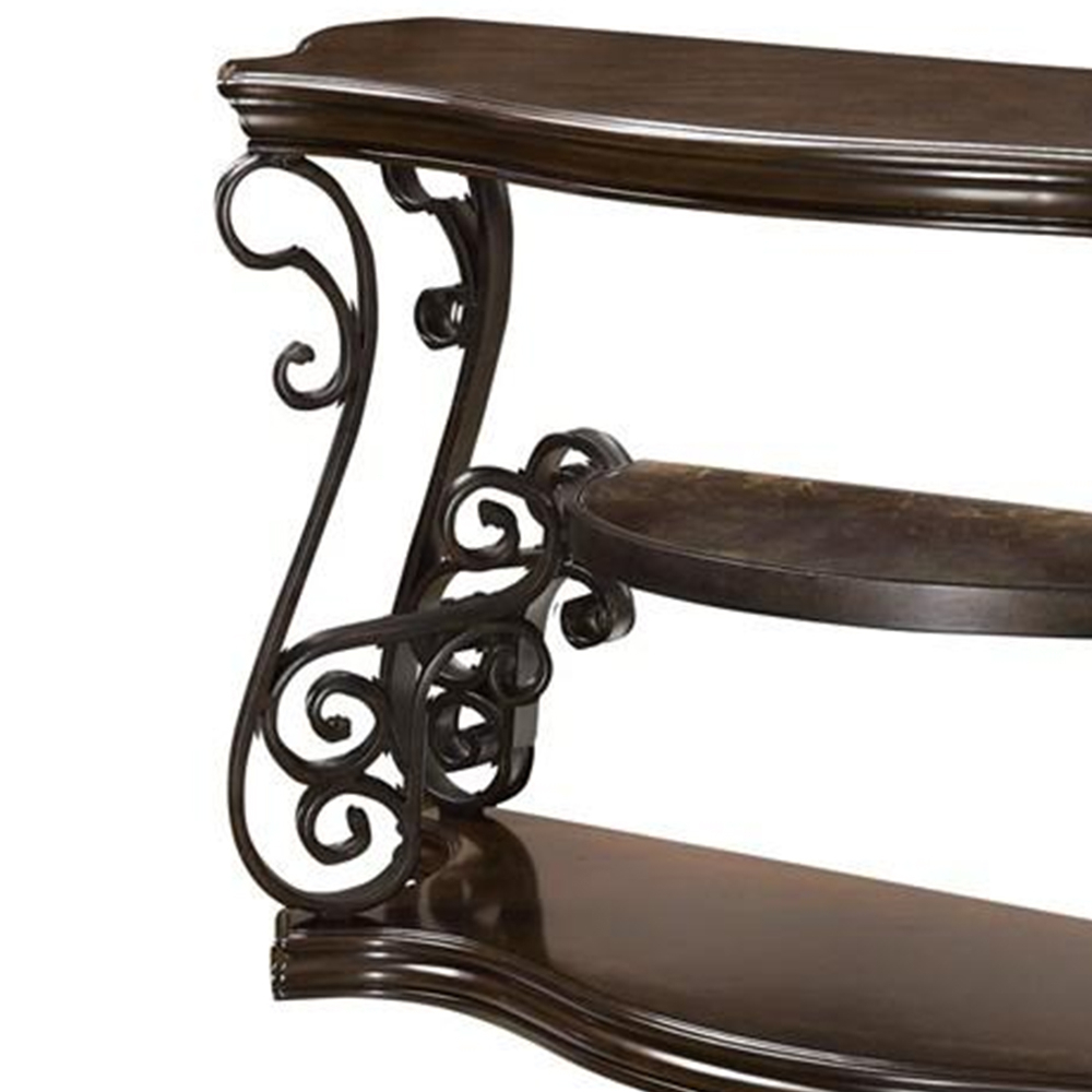 Traditional Solid Sofa Table With Glass Inset, Metal Scrolls & 2 Shelves, Brown- Saltoro Sherpi