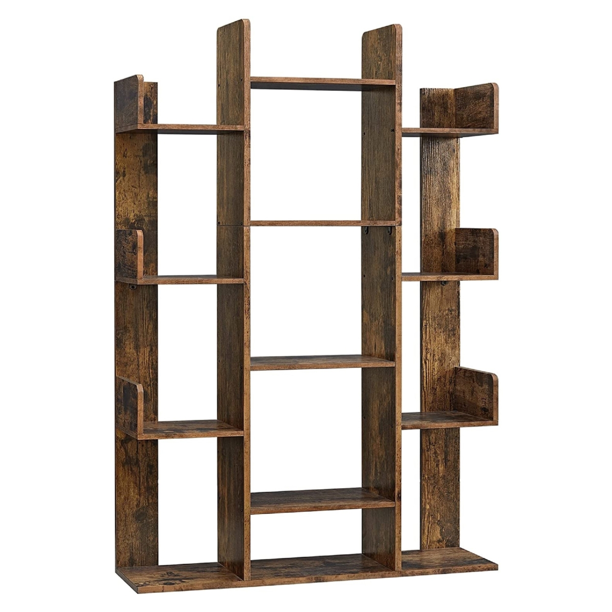 Grace 55 Inch Wood Tree Branch Bookcase, 13 Compartments, Rustic Brown- Saltoro Sherpi