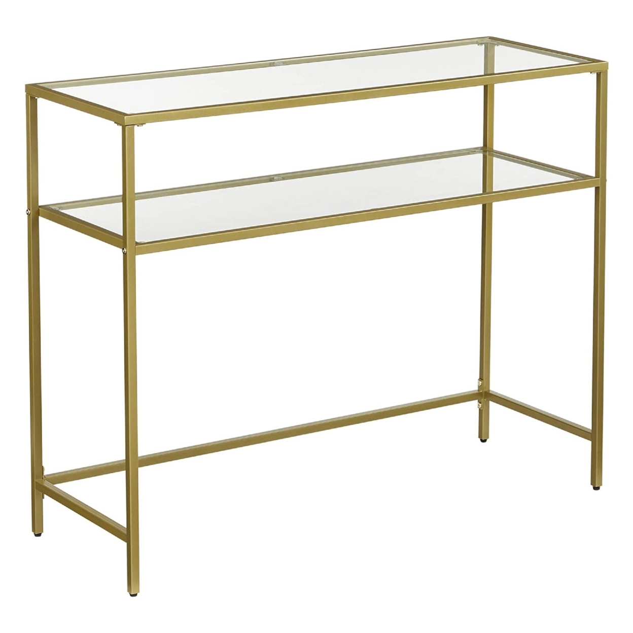 Kin 39 Inch Sofa Console Table, Metal Frame, Tempered Glass Shelves, Gold- Saltoro Sherpi