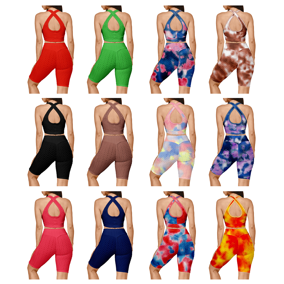 4-Piece Women's Anti Cellulite Sports Bra & High Waisted Biker Shorts Workout Yoga Set - Tie-Dye, Small