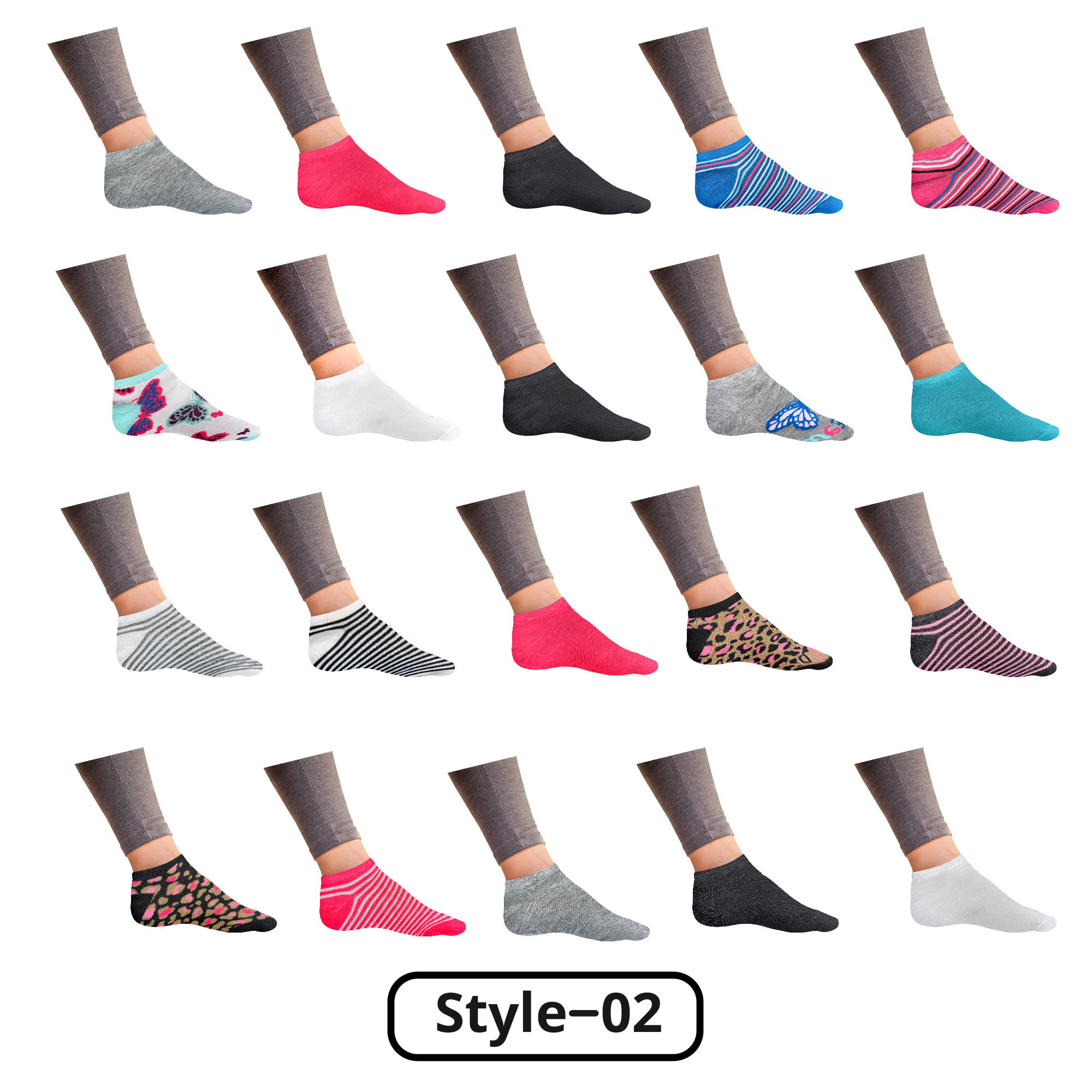 20-Pairs: Women’s Breathable Stylish Colorful Fun No Show Low Cut Ankle Socks - Style 6