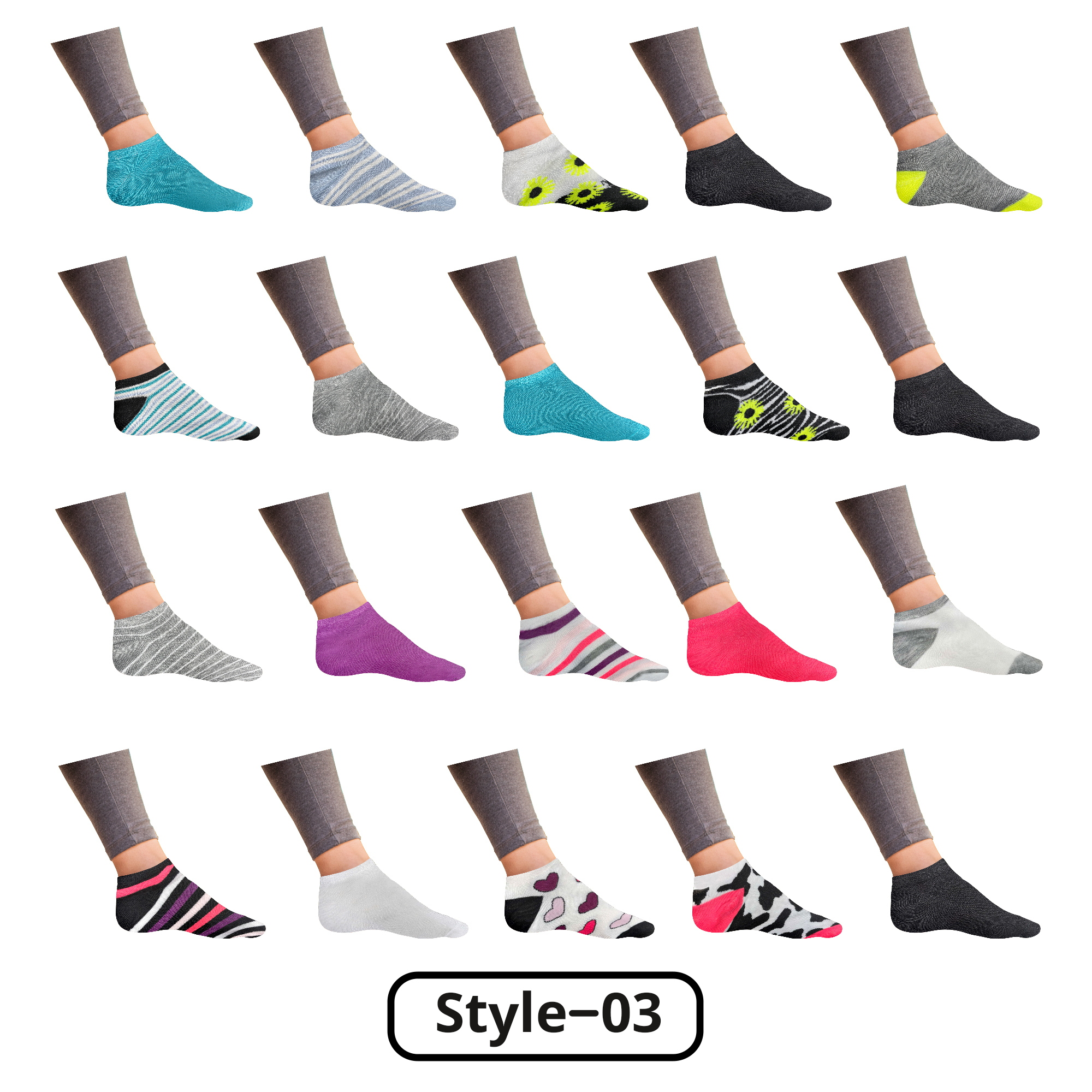 20-Pairs: Women’s Breathable Stylish Colorful Fun No Show Low Cut Ankle Socks - Style 2
