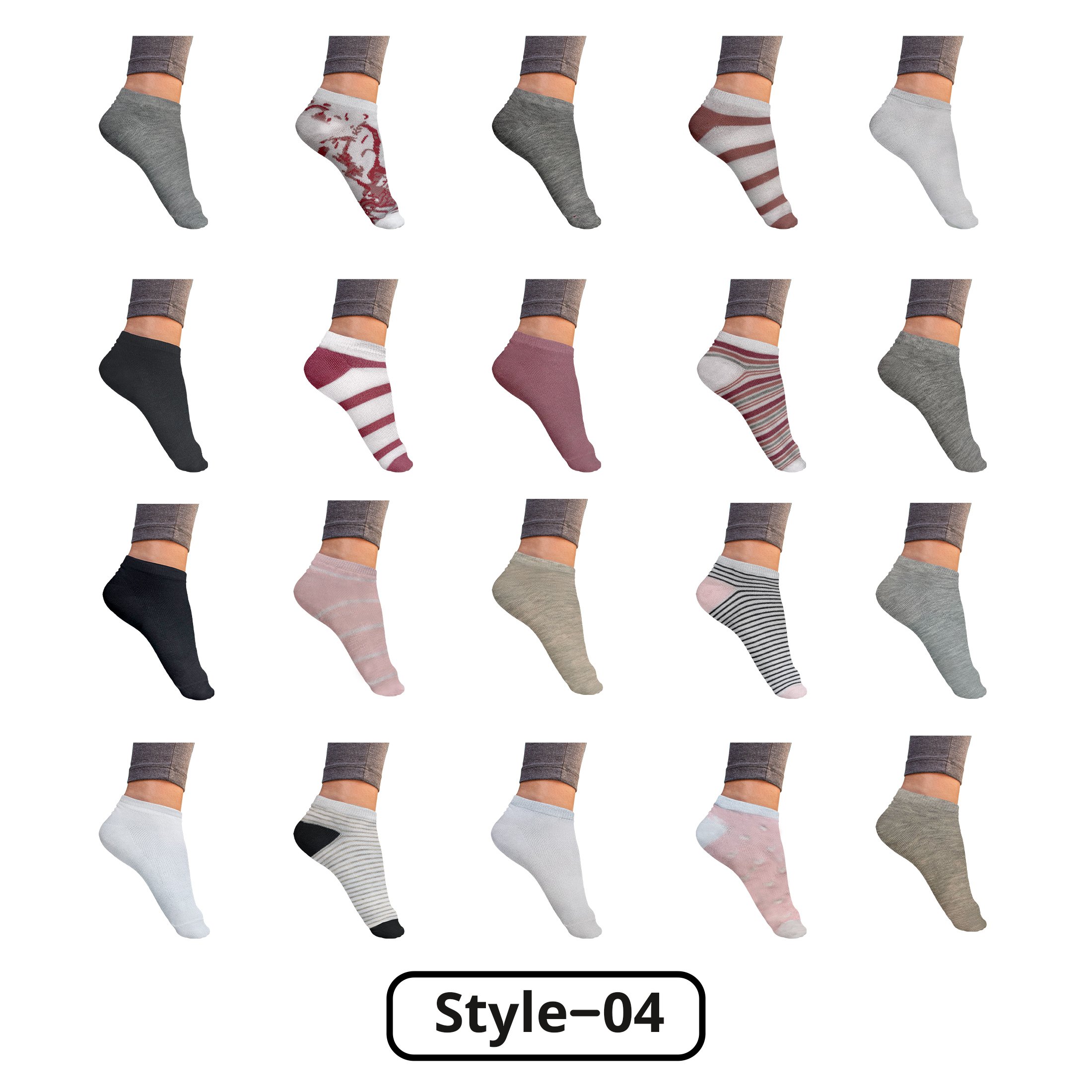 20-Pairs: Women’s Breathable Stylish Colorful Fun No Show Low Cut Ankle Socks - Style 4