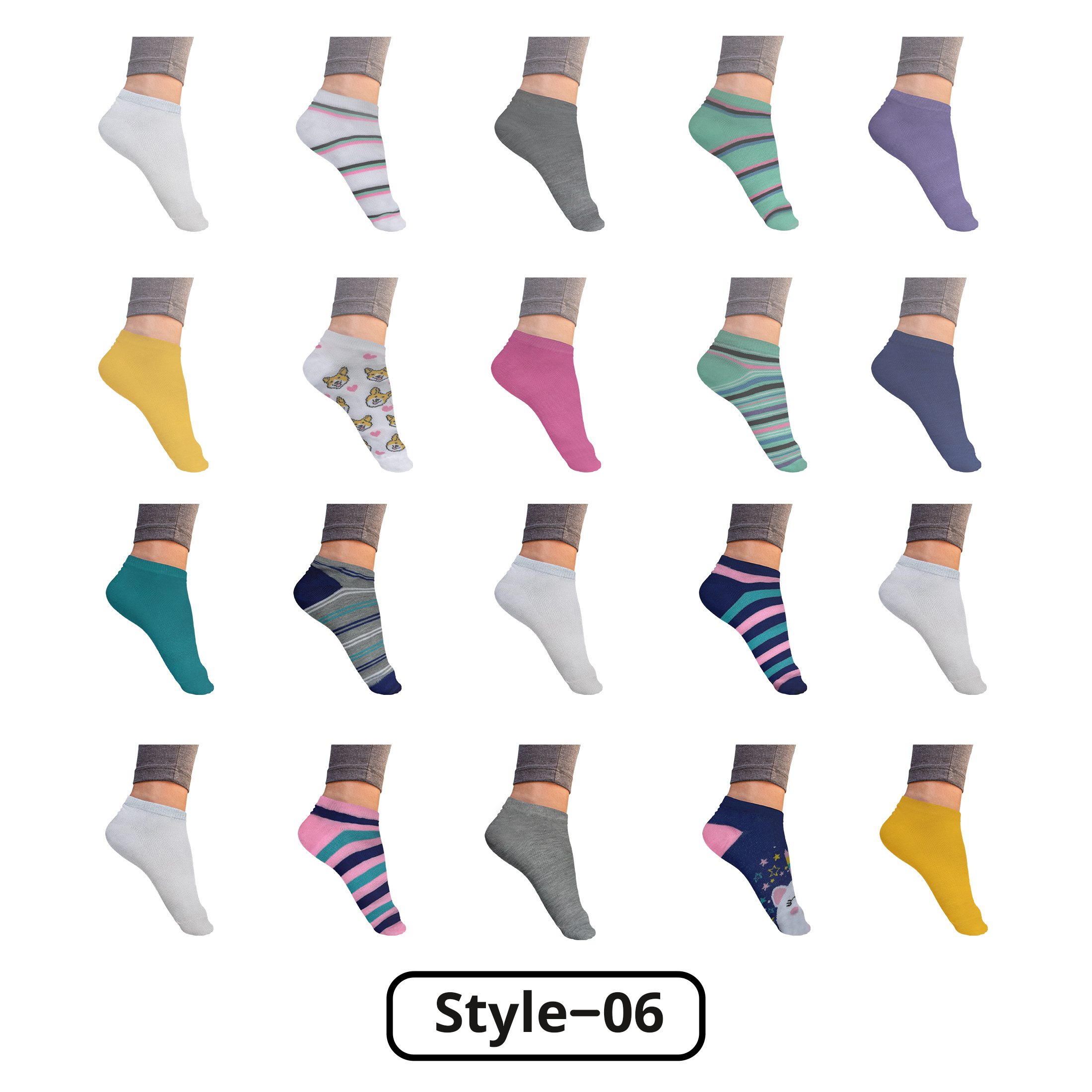 20-Pairs: Women’s Breathable Stylish Colorful Fun No Show Low Cut Ankle Socks - Style 6