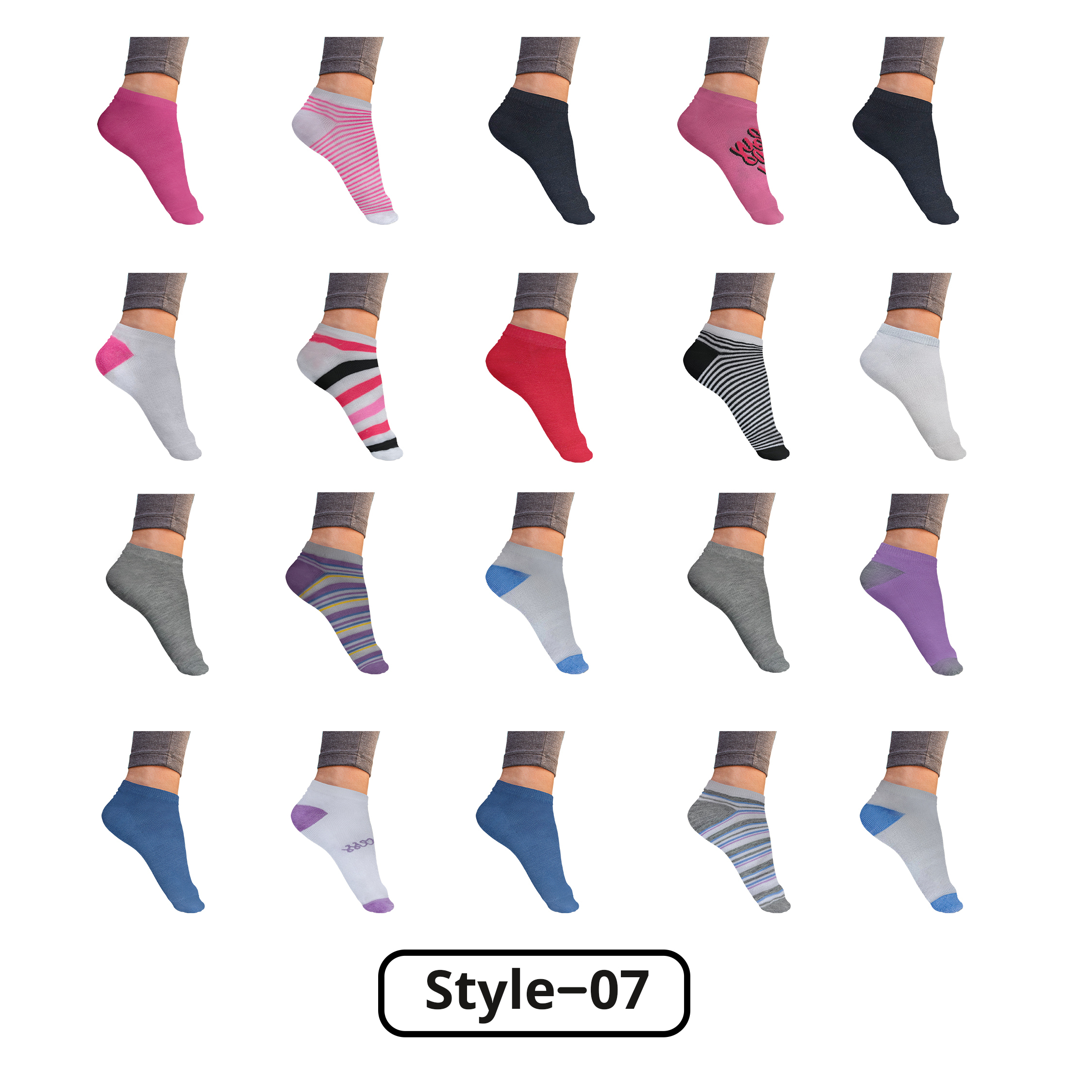20-Pairs: Women’s Breathable Stylish Colorful Fun No Show Low Cut Ankle Socks - Style 7