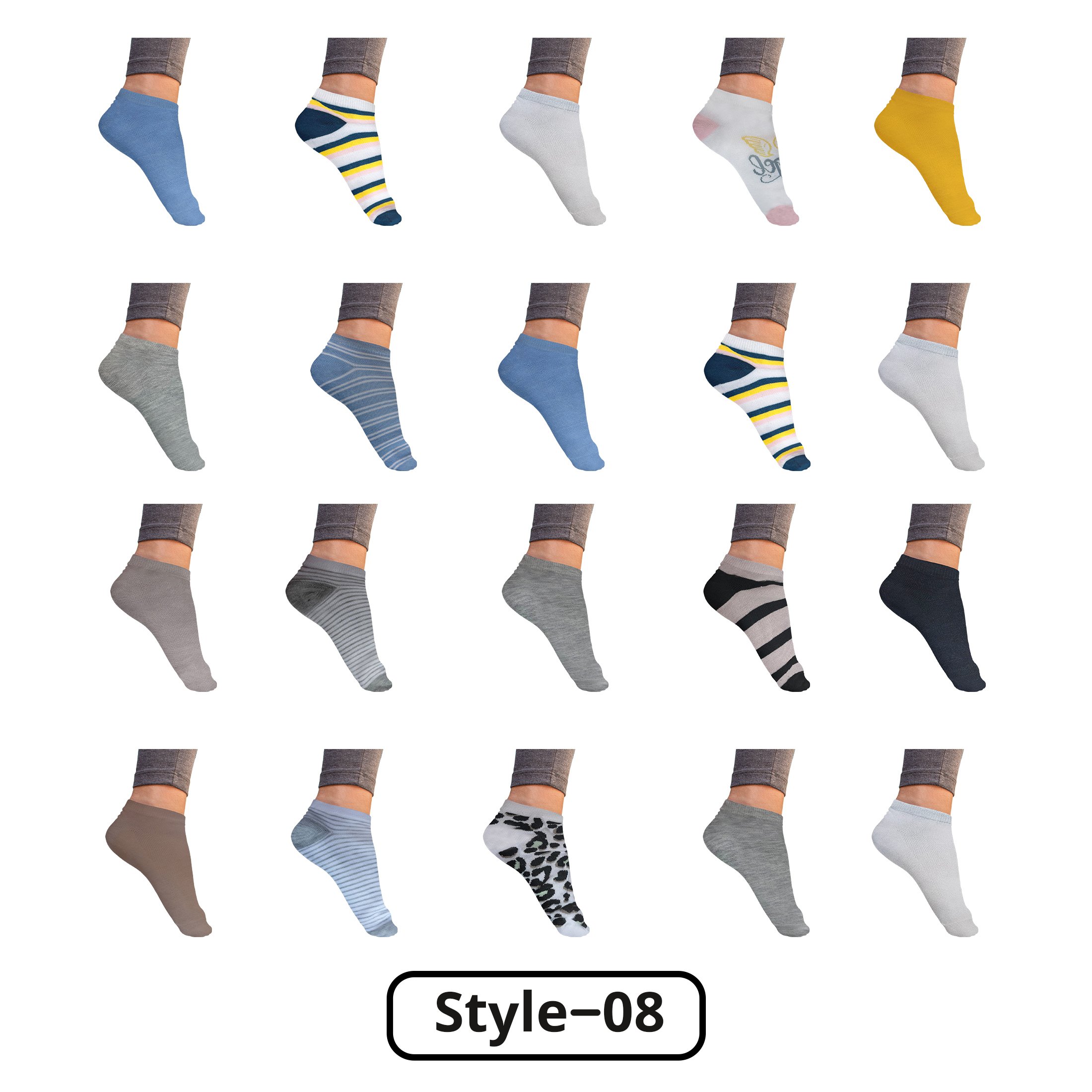 20-Pairs: Women’s Breathable Stylish Colorful Fun No Show Low Cut Ankle Socks - Style 8