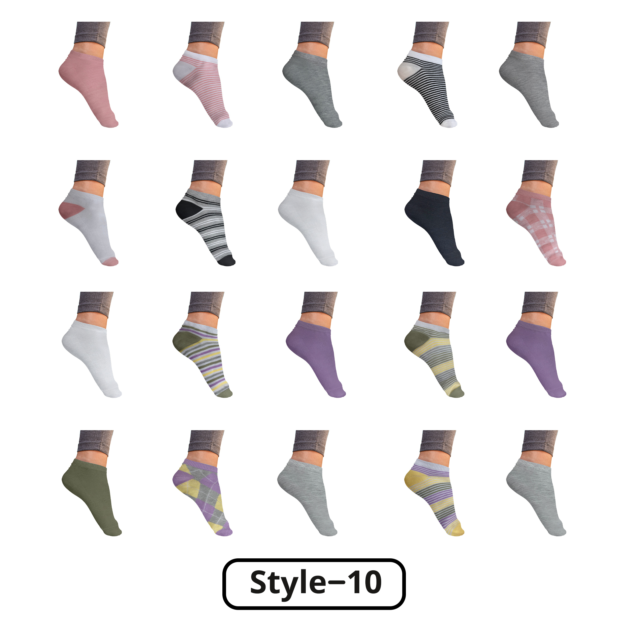 20-Pairs: Women’s Breathable Stylish Colorful Fun No Show Low Cut Ankle Socks - Style 10