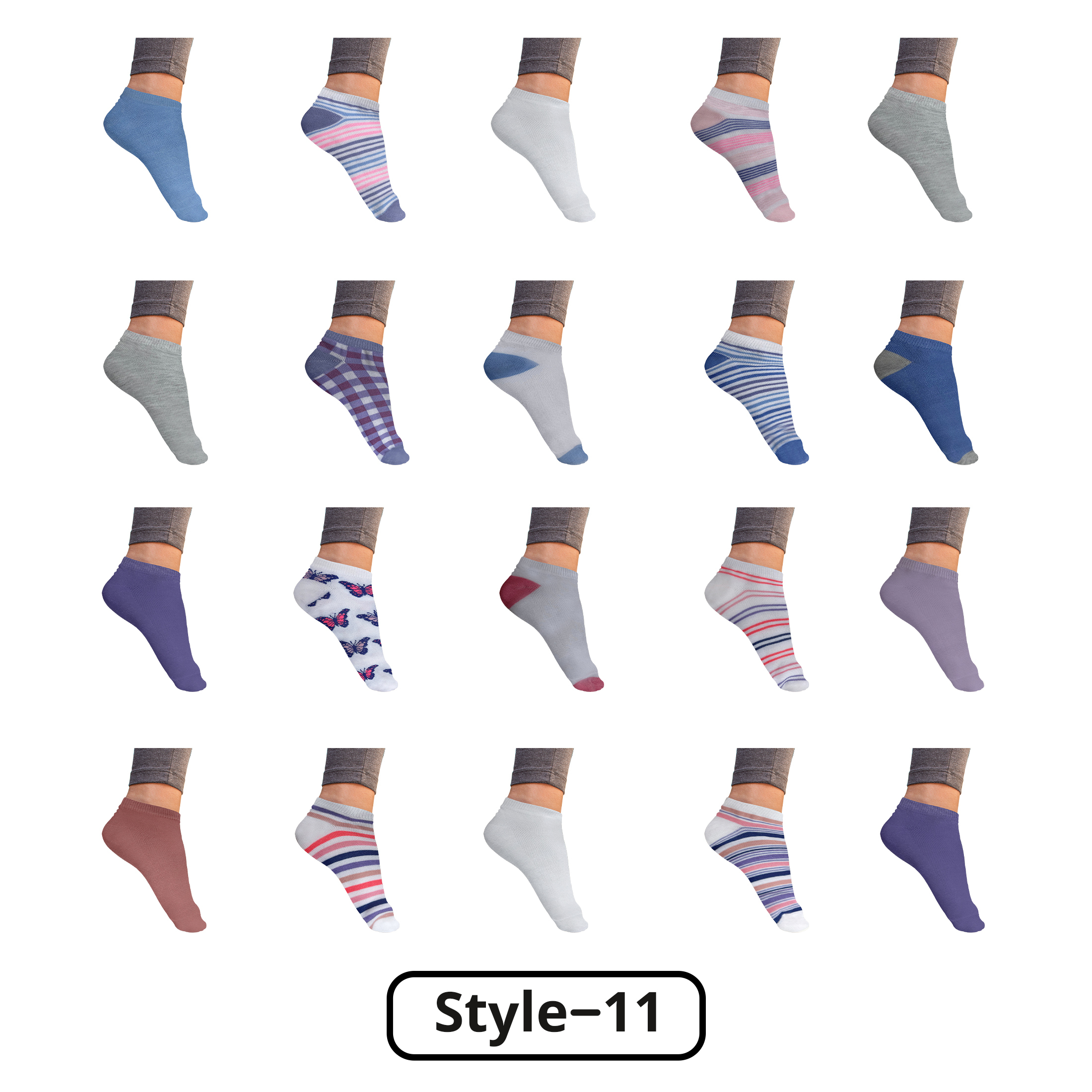 20-Pairs: Women’s Breathable Stylish Colorful Fun No Show Low Cut Ankle Socks - Style 11