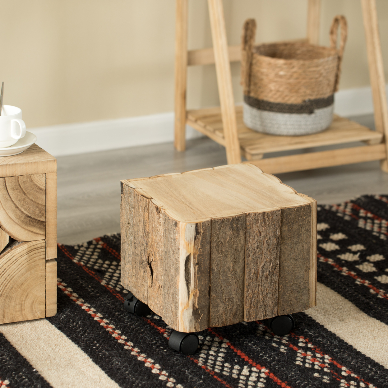 Accent Decorative Natural Wooden Square Stump Stool, With Wheels For Indoor And Outdoor