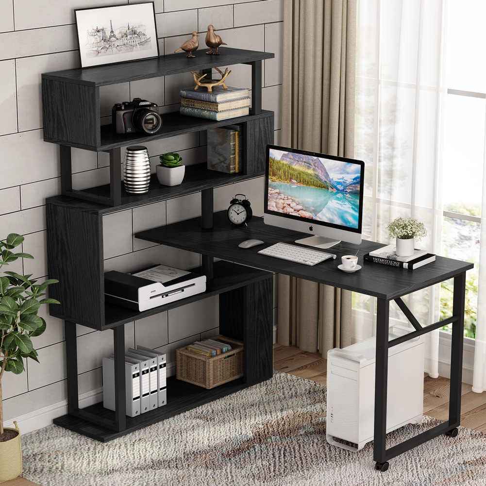 Tribesigns L-Shaped Rotaing Computer Desk With 5 Shelves Bookshelf, Modern Corner Desk On Wheels - Black