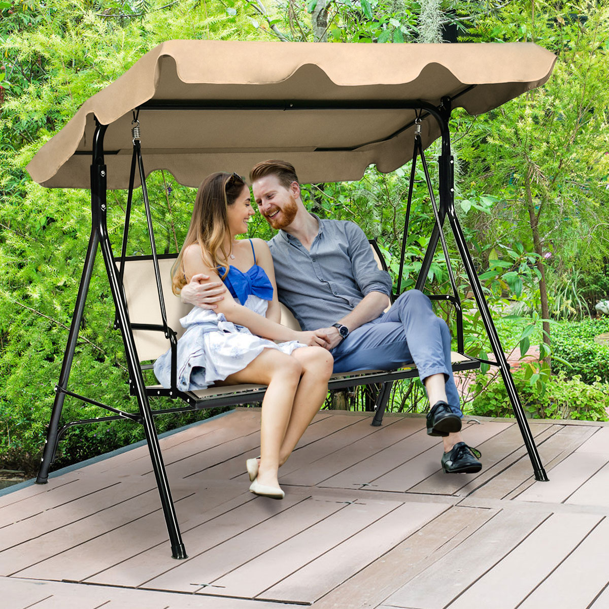 Brown Outdoor Swing Canopy Patio Swing Chair 3 Person Canopy Hammock