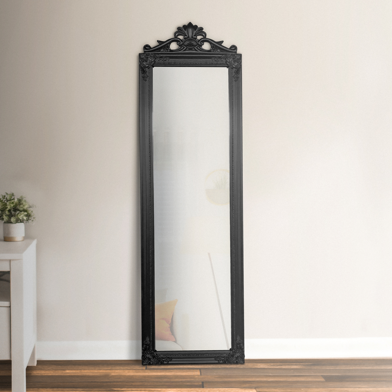 Gisela Full Length Standing Mirror With Decorative Design, Black- Saltoro Sherpi