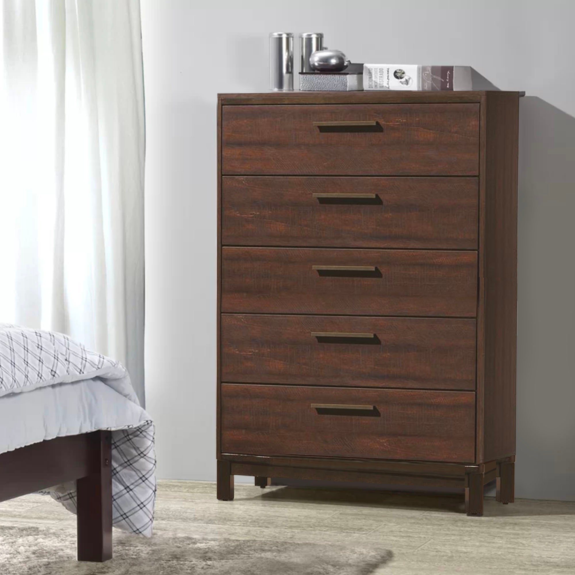 Wooden Chest With Five Drawers And Block Legs Support, Dark Brown- Saltoro Sherpi