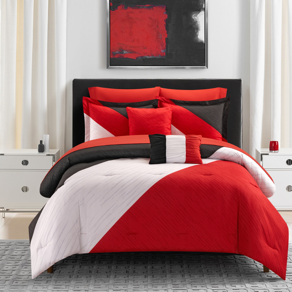 NY&C Home Kinsley 9 Or 7 Piece Comforter Set Color Block Design - Red, King