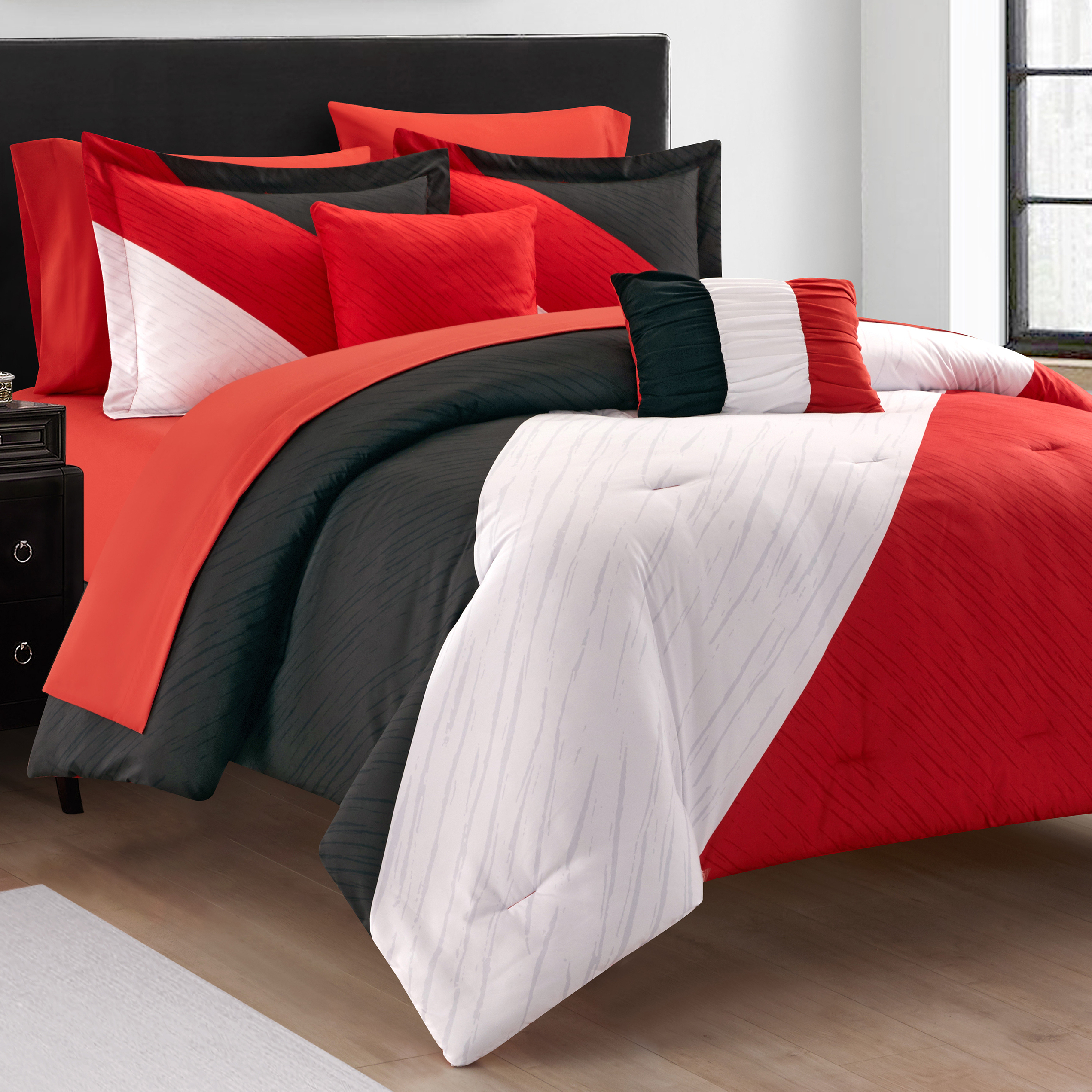 NY&C Home Kinsley 9 Or 7 Piece Comforter Set Color Block Design - Red, Queen