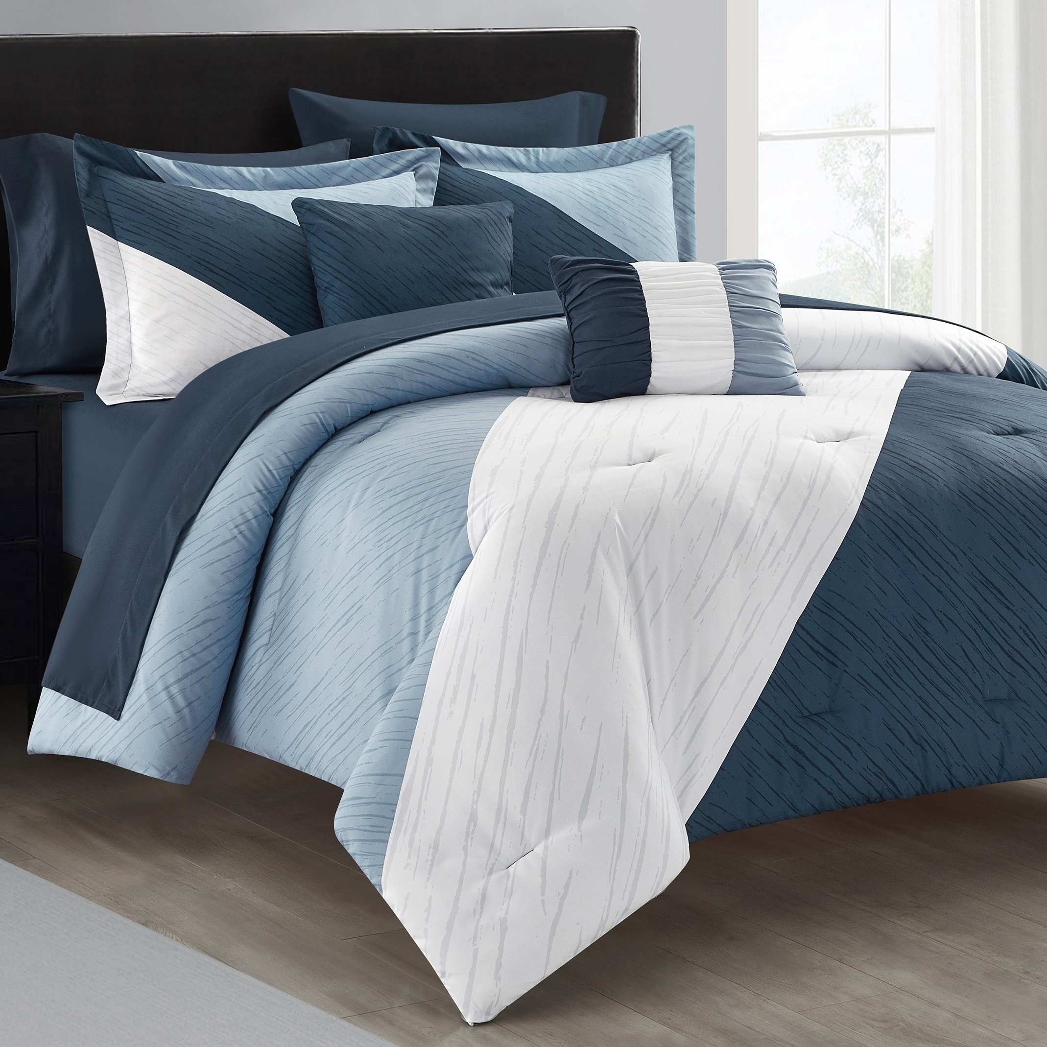 NY&C Home Kinsley 9 Or 7 Piece Comforter Set Color Block Design - Navy, Queen