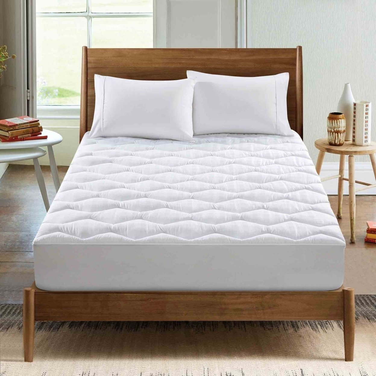 Down Alternative Mattress Pad With 500 Thread Count Cotton Cover, 18 Inch Deep, Soft And Breathable Bedding - Queen, White
