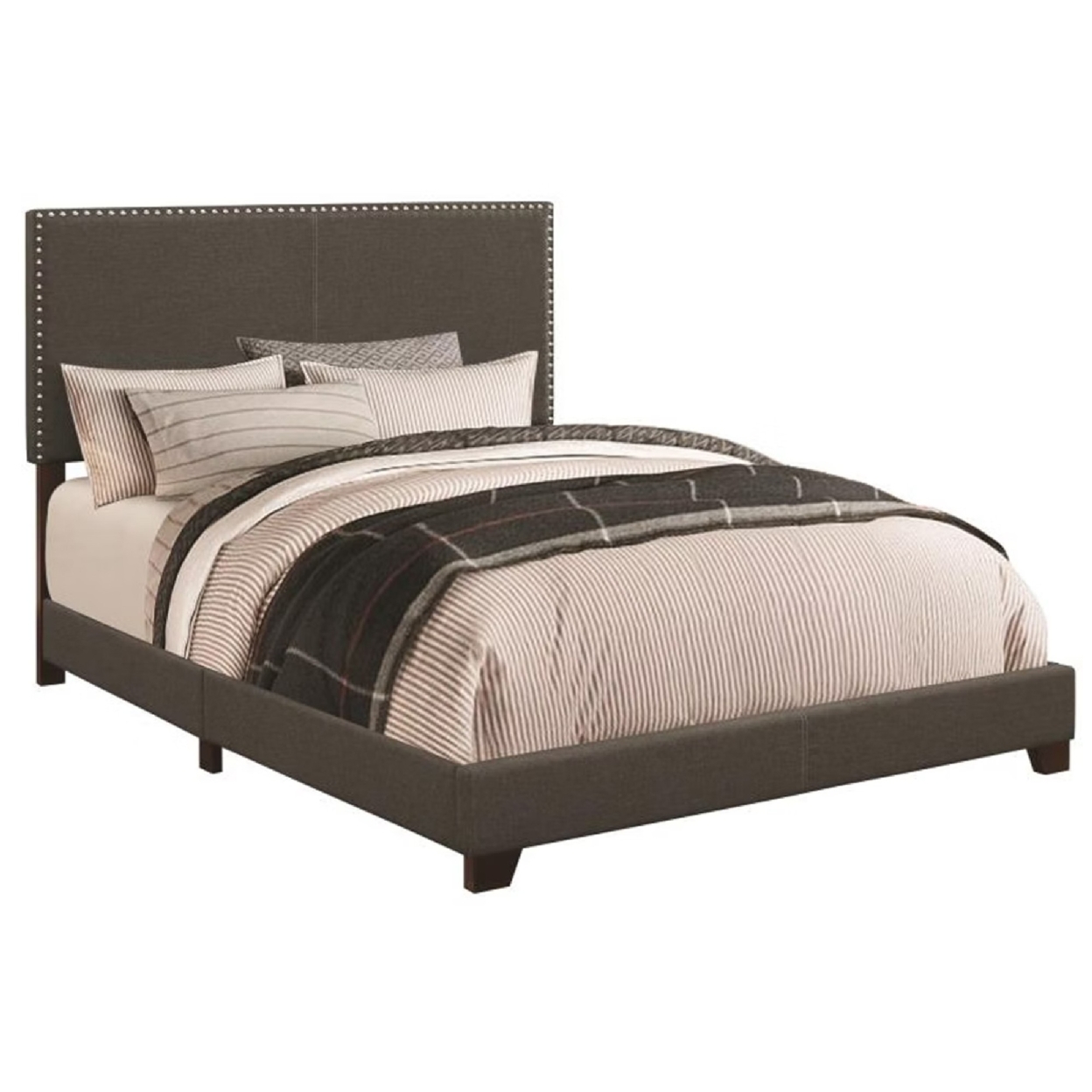 Fabric Upholstered Queen Size Platform Bed With Nail Head Trim, Charcoal Gray- Saltoro Sherpi