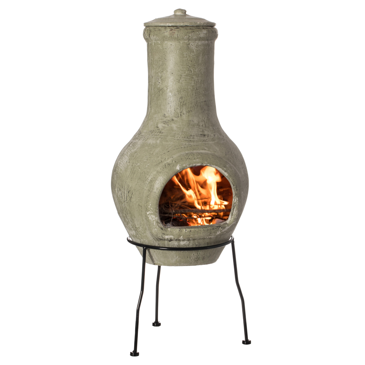 Beige Outdoor Clay Chiminea Outdoor Fireplace Scribbled Design Charcoal Burning Fire Pit With Sturdy Metal Stand, Barbecue, Cocktail Party