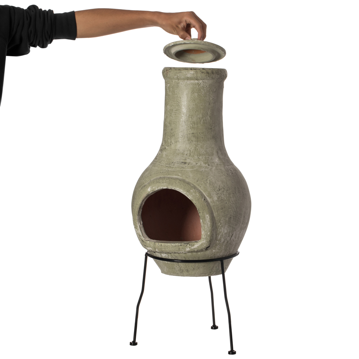 Beige Outdoor Clay Chiminea Outdoor Fireplace Scribbled Design Charcoal Burning Fire Pit With Sturdy Metal Stand, Barbecue, Cocktail Party