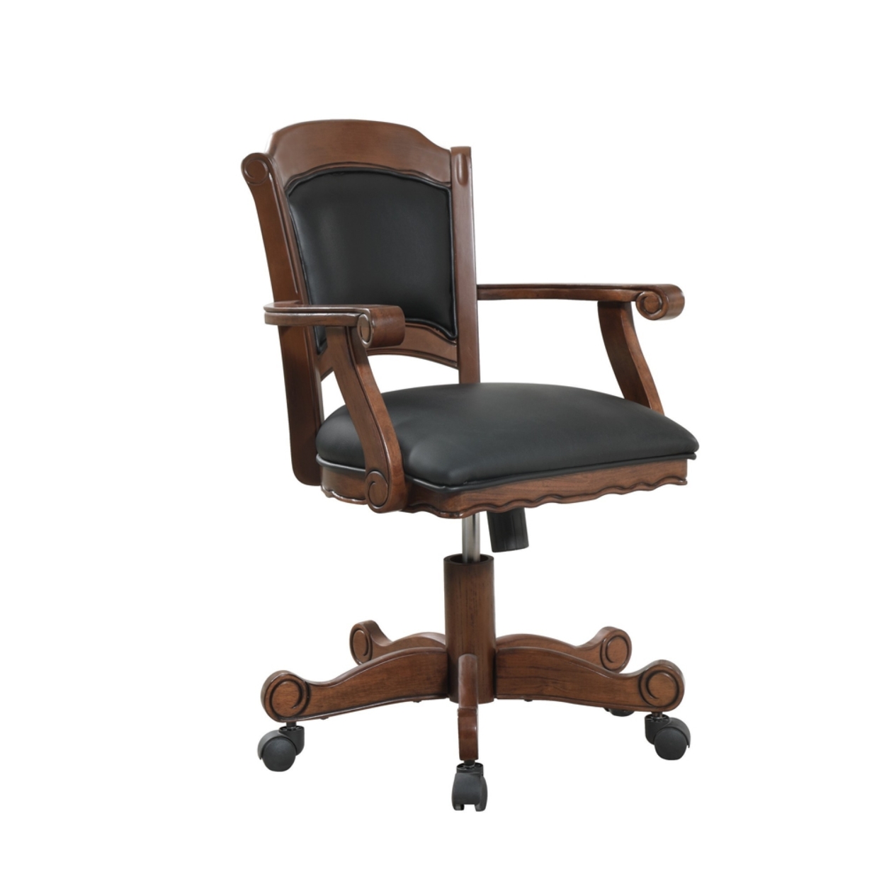 Snug Arm Game Chair With Casters And Fabric Seat And Back, Brown- Saltoro Sherpi